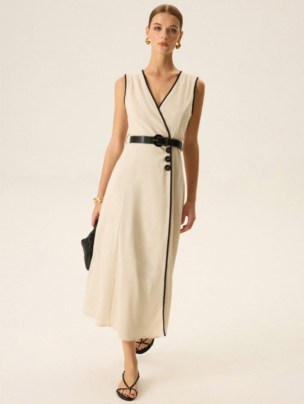 NWT Zara Linen Blend Crossover Midi Dress In Cream/Black